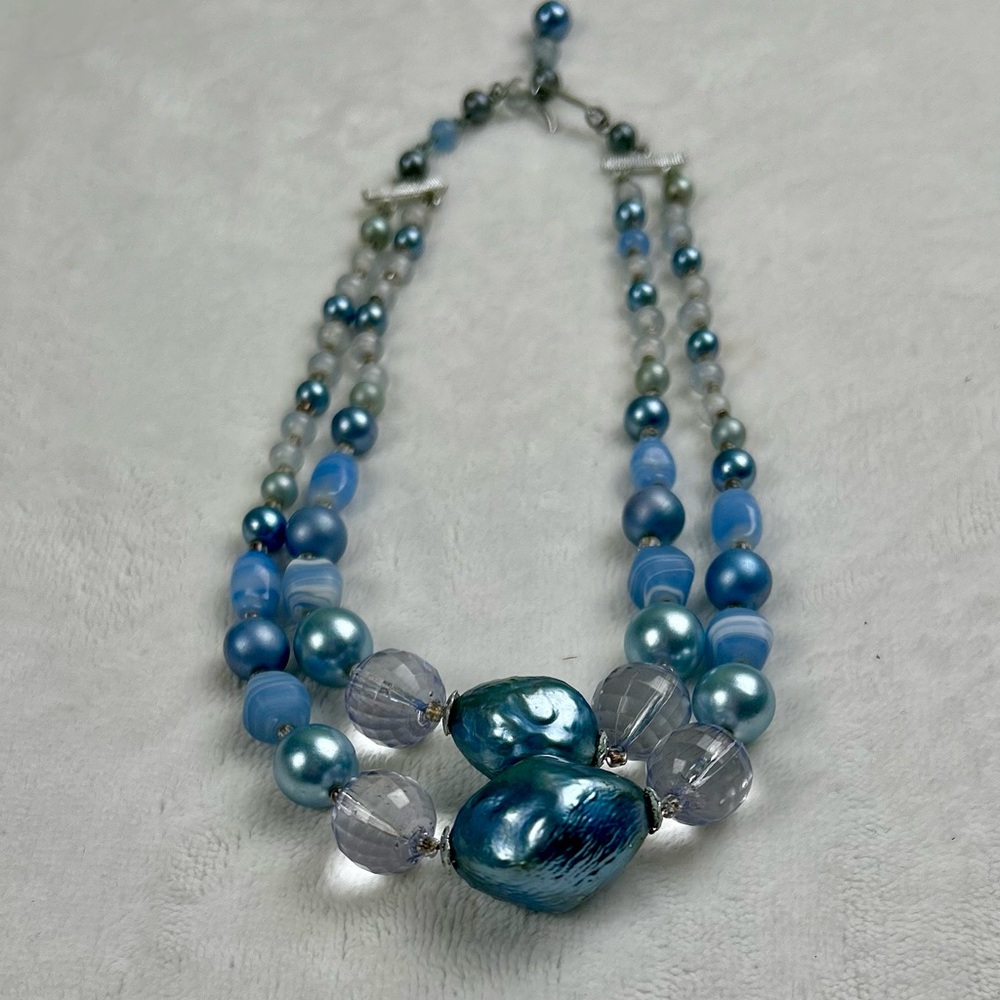 Mid Century Modern Necklace Double Strand Japan Blue Pearls - Picture 1 of 11